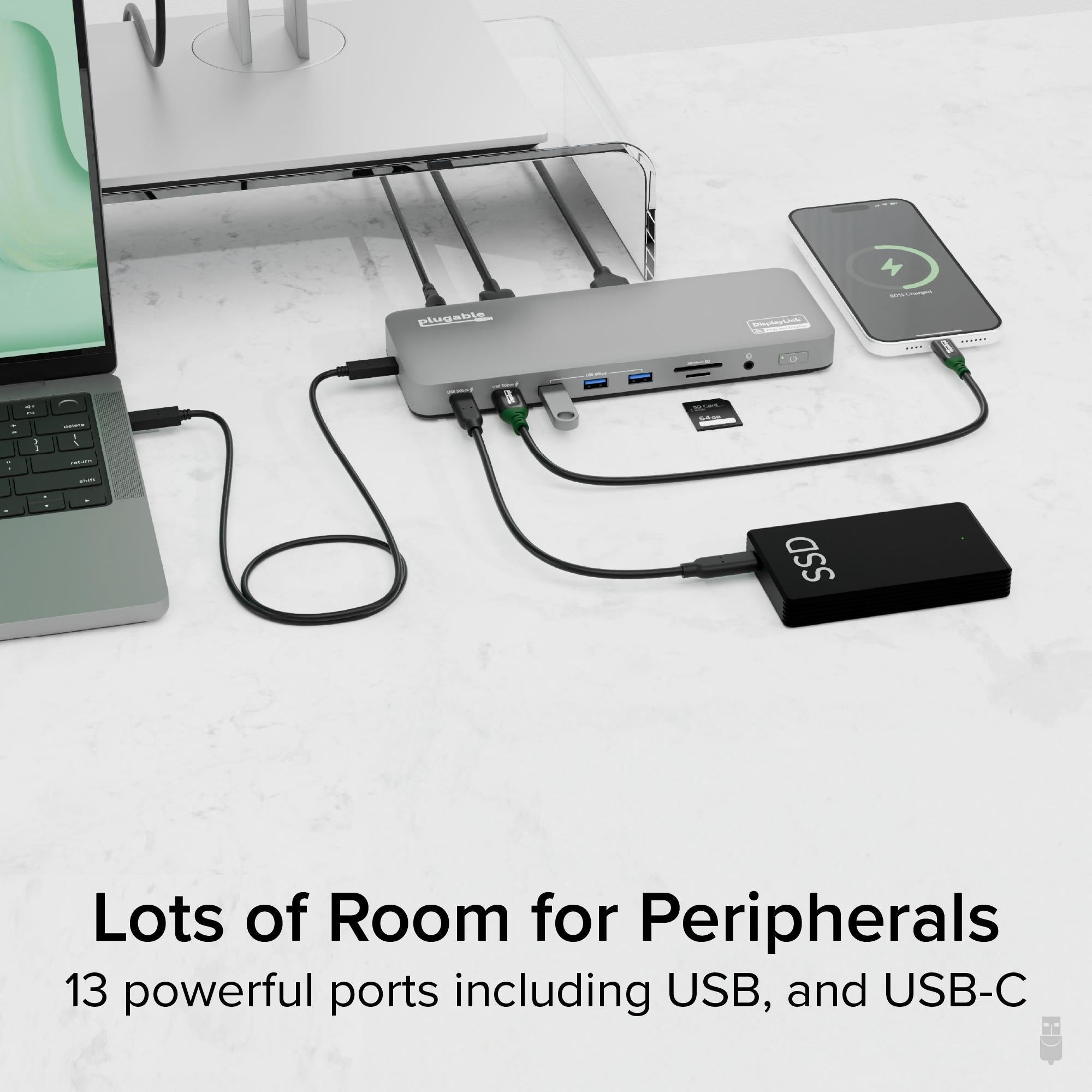 Plugable USB-C Docking Station, Dual 4K Monitors, 100W Laptop